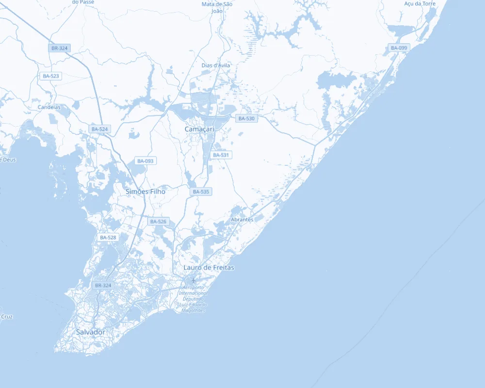 Mapa de Salvador, Região Metropolitana e Litoral Norte da Bahia, com as cidades atendidas marcadas